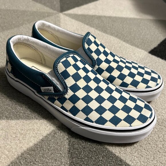 Vans Classic Slip-On Teal/Cream Checkerboard Sneakers Men's 6/Women's 7.5 - Picture 1 of 14